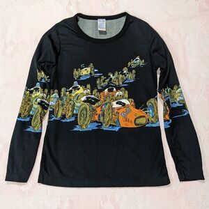 Vintage 70s Graphic Racecar Shirt S/M Black Car Top Long Sleeve Novelty Print